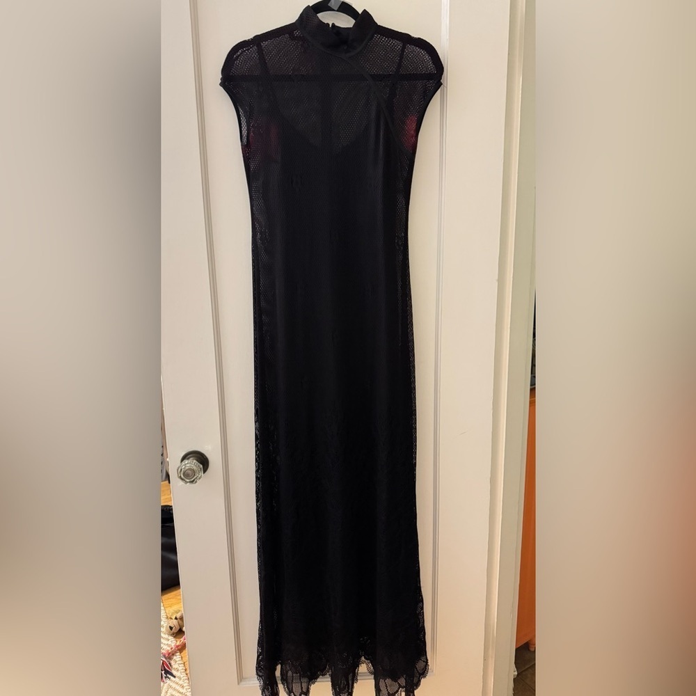 Asian inspired Long Black formal dress, mesh/lace layer